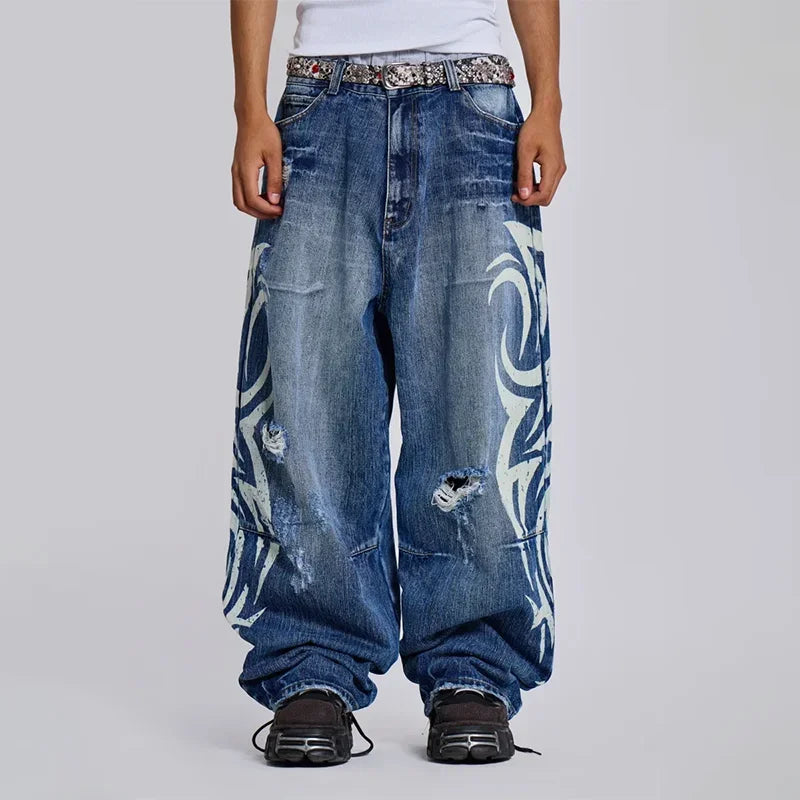 Y2K Baggy jeans Retro Harajuku distressed wash ripped wide leg cropped pants high street rock hip hop printed pattern zip jeans