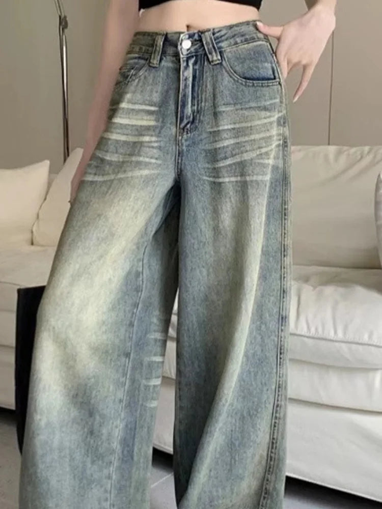 American Style Vintage Blue Wide Leg Jeans Women Y2K Fashion High Waist Baggy Washed Straight Pants 2025 New Casual Loose Jeans