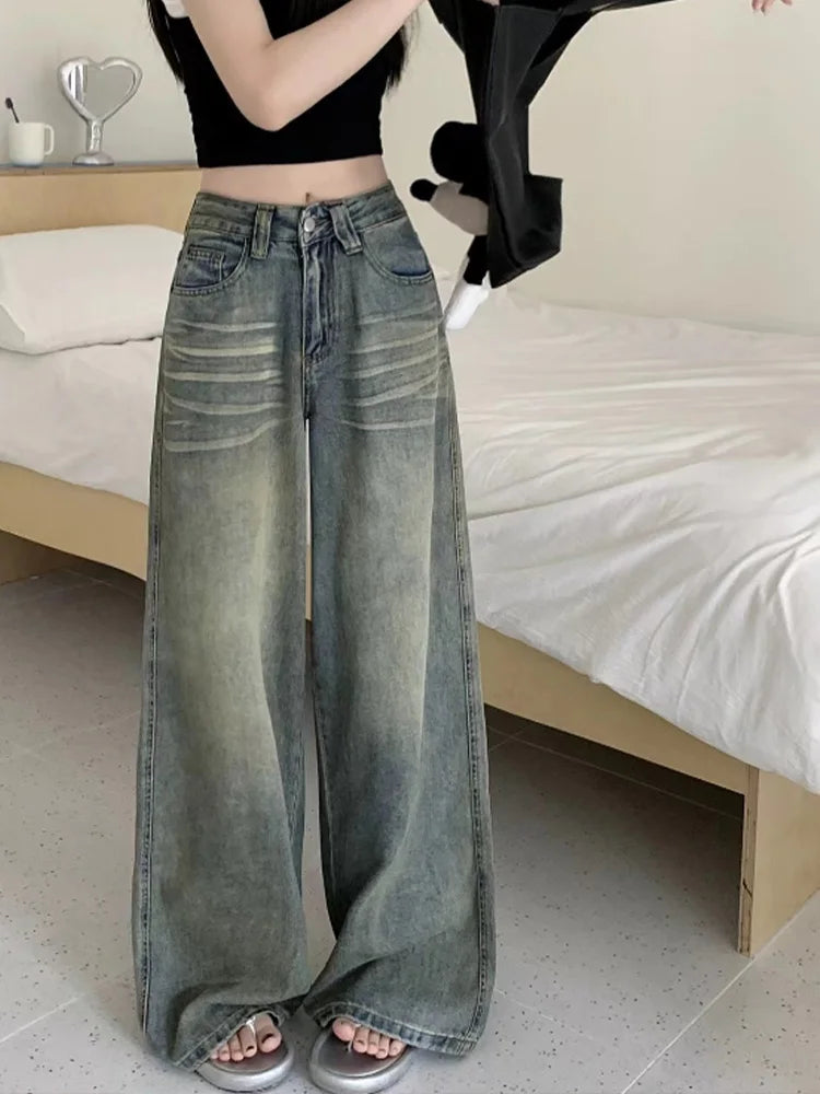 American Style Vintage Blue Wide Leg Jeans Women Y2K Fashion High Waist Baggy Washed Straight Pants 2025 New Casual Loose Jeans