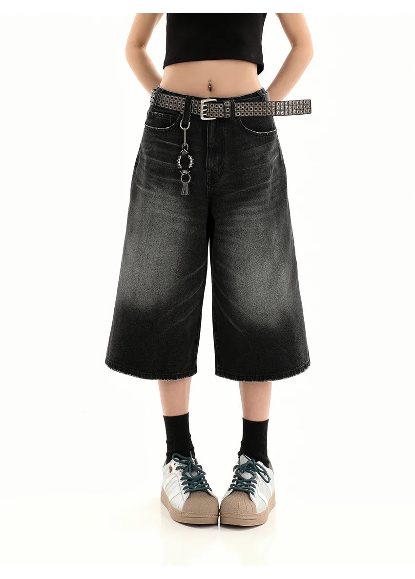 Retro Blue Knee Length Denim Shorts for Women Casual Bermuda Jeans Loose Wide Leg Pants Trendy Streetwear Summer Y2k 2025