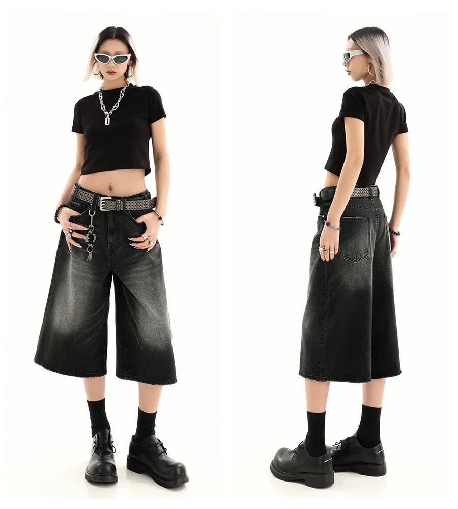 Retro Blue Knee Length Denim Shorts for Women Casual Bermuda Jeans Loose Wide Leg Pants Trendy Streetwear Summer Y2k 2025