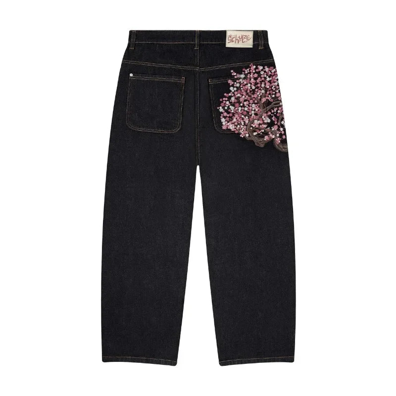 Y2K Goth vintage jeans plum blossom embroidery Harajuku pattern denim fabric wide leg pants American style men women street wear