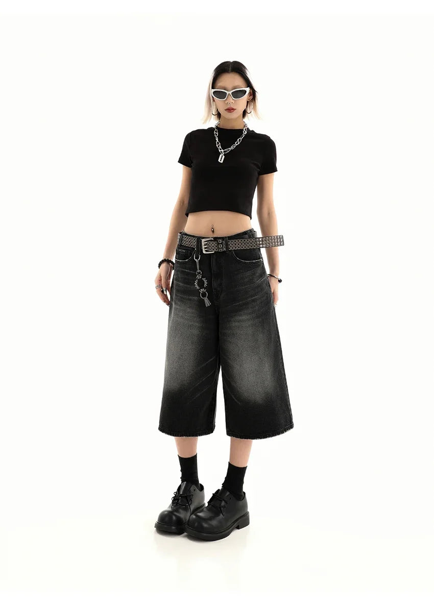 Retro Blue Knee Length Denim Shorts for Women Casual Bermuda Jeans Loose Wide Leg Pants Trendy Streetwear Summer Y2k 2025