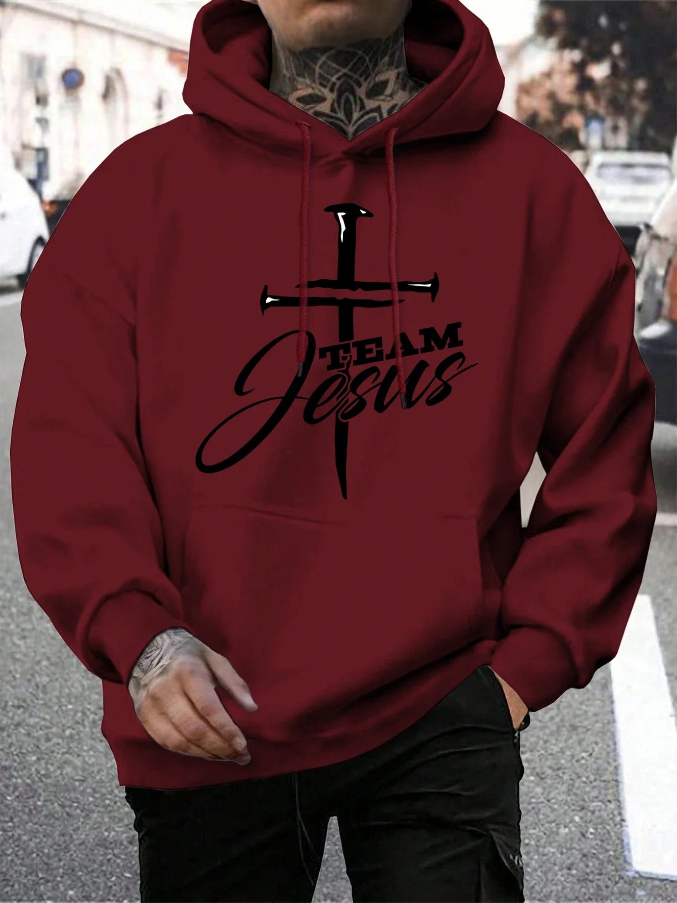 Team Jesus Letter Design Printing Men's Sweatshirt Fashion Warm Hooded Casual Pocket Hoodies Autumn Loose Streetwear