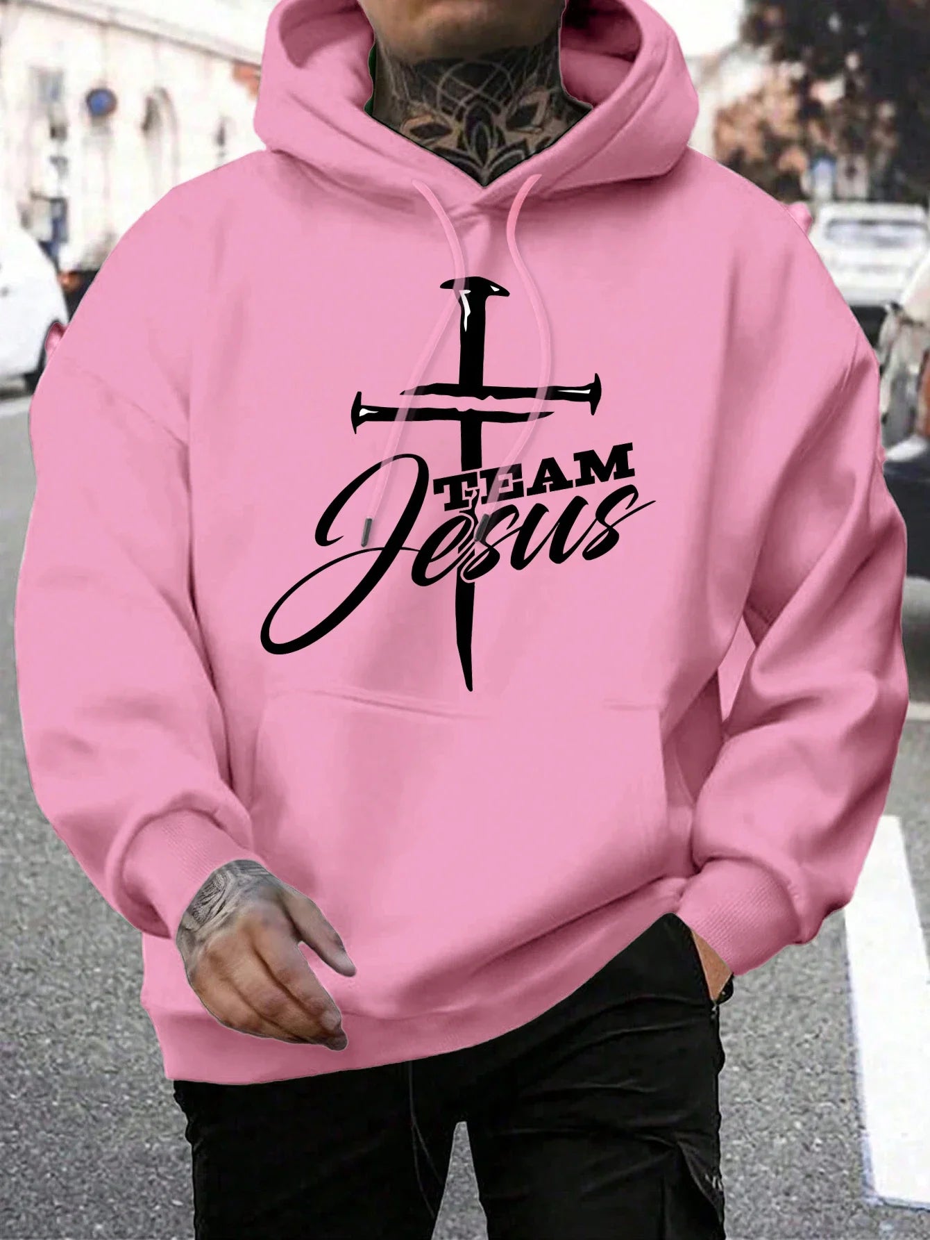Team Jesus Letter Design Printing Men's Sweatshirt Fashion Warm Hooded Casual Pocket Hoodies Autumn Loose Streetwear
