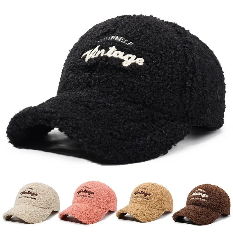 Warmth Embroidered Letter Lamb Fur Baseball Cap Women's Versatile Small Face Duckbill Cap Autumn Winter New Style Fashionable...