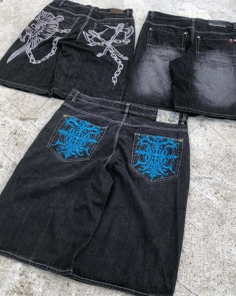 Street Hip-hop Personalized Pattern Fashionable Versatile Jeans Men American Harajuku Retro Casual Loose Straight Shorts Women