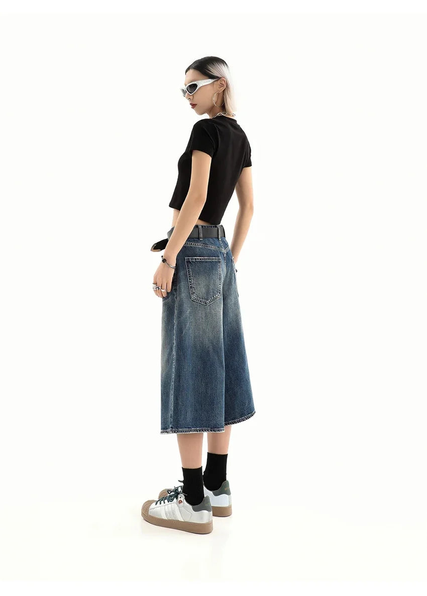 Retro Blue Knee Length Denim Shorts for Women Casual Bermuda Jeans Loose Wide Leg Pants Trendy Streetwear Summer Y2k 2025