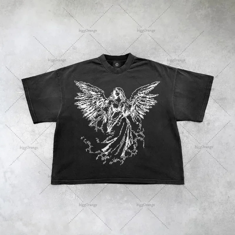 New Gothic  Streetwear Harajuku Retro Graphic Top Y2K Punk Anime Print Oversized T-Shirt Men Fashion Cotton Casual Short Sleeve