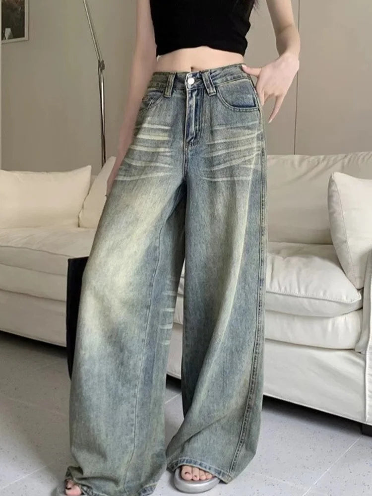 American Style Vintage Blue Wide Leg Jeans Women Y2K Fashion High Waist Baggy Washed Straight Pants 2025 New Casual Loose Jeans