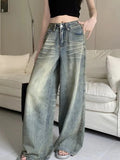 American Style Vintage Blue Wide Leg Jeans Women Y2K Fashion High Waist Baggy Washed Straight Pants 2025 New Casual Loose Jeans