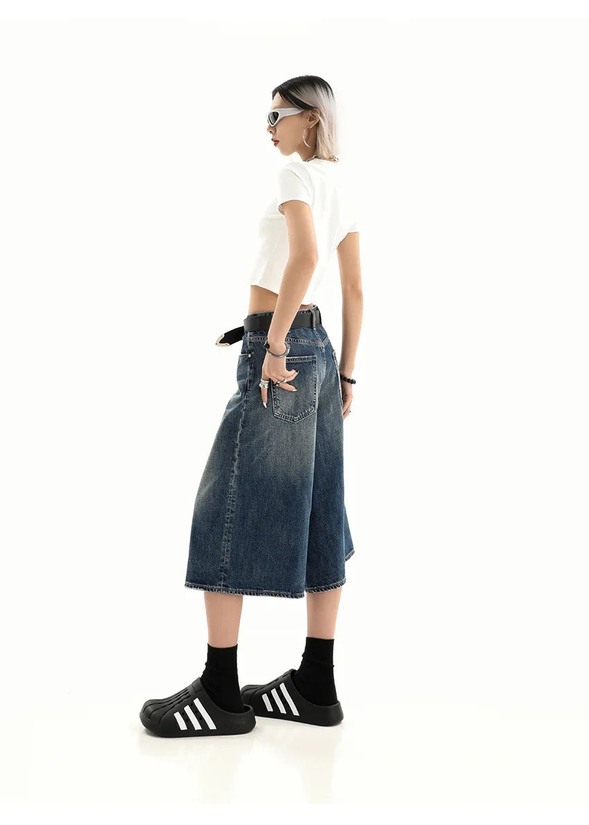 Retro Blue Knee Length Denim Shorts for Women Casual Bermuda Jeans Loose Wide Leg Pants Trendy Streetwear Summer Y2k 2025