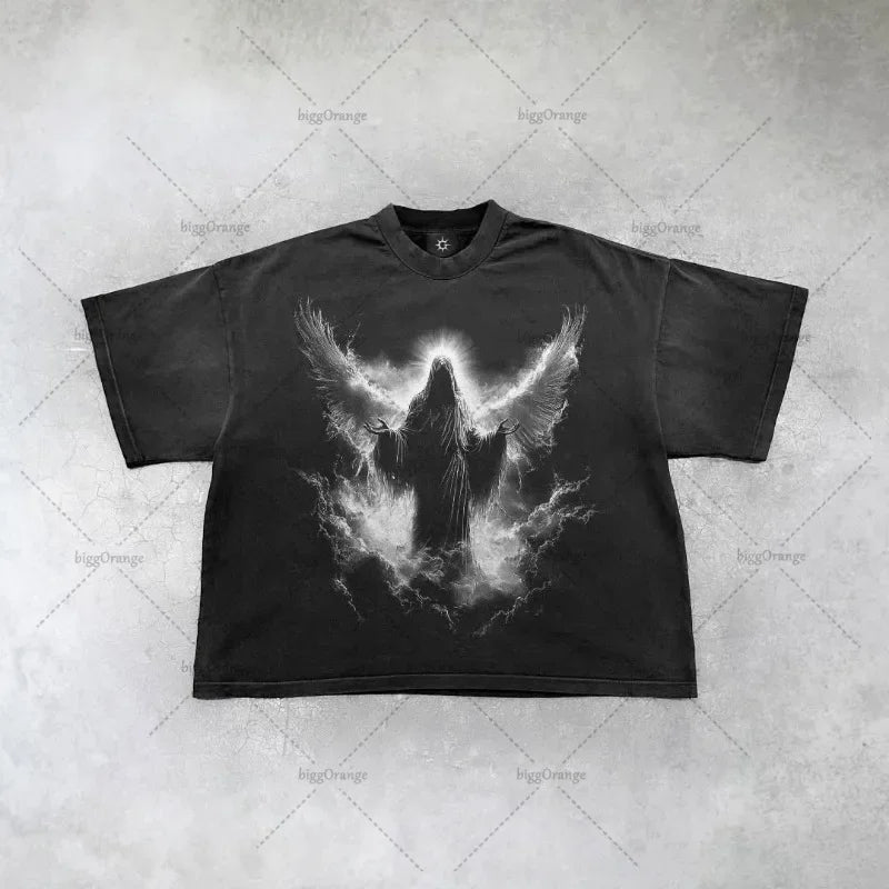 New Gothic  Streetwear Harajuku Retro Graphic Top Y2K Punk Anime Print Oversized T-Shirt Men Fashion Cotton Casual Short Sleeve