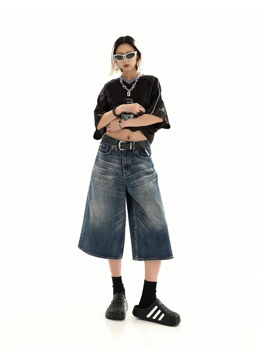 Retro Blue Knee Length Denim Shorts for Women Casual Bermuda Jeans Loose Wide Leg Pants Trendy Streetwear Summer Y2k 2025