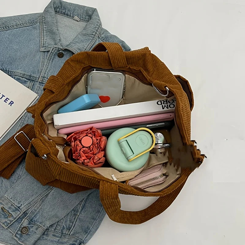 Large Capacity Corduroy Tote Bag for Women Versatile Shoulder Bag with Multiple Pockets Commuter Bag