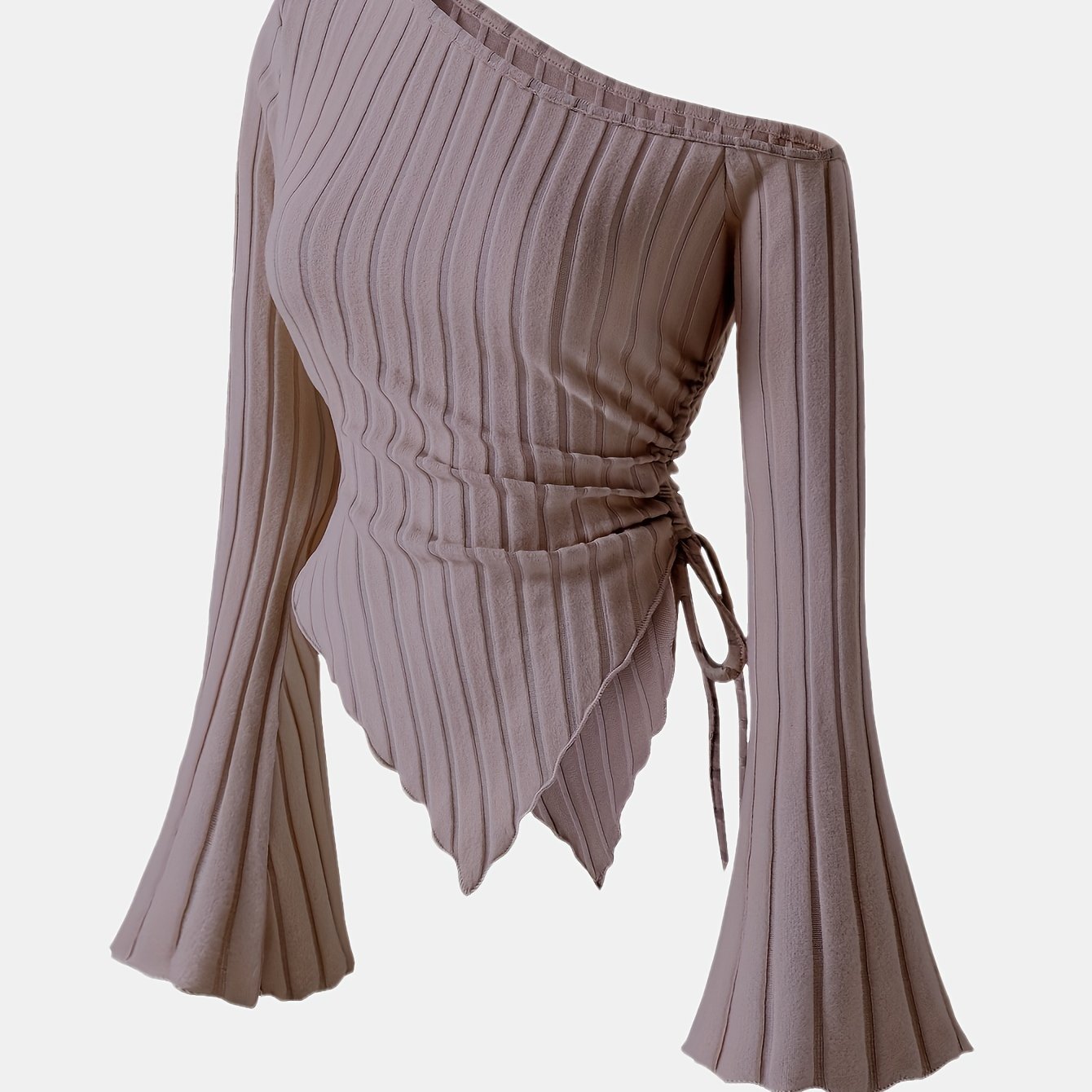 Women's Elegant Off-Shoulder Bell Sleeve T-Shirt - Asymmetrical Ribbed Top with Exposed Shoulder Design, Lightweight 3-Season Machine-Washable Solid Color Blouse for Casual & Formal Wear, Spring Summer Top, Bell Sleeve Design