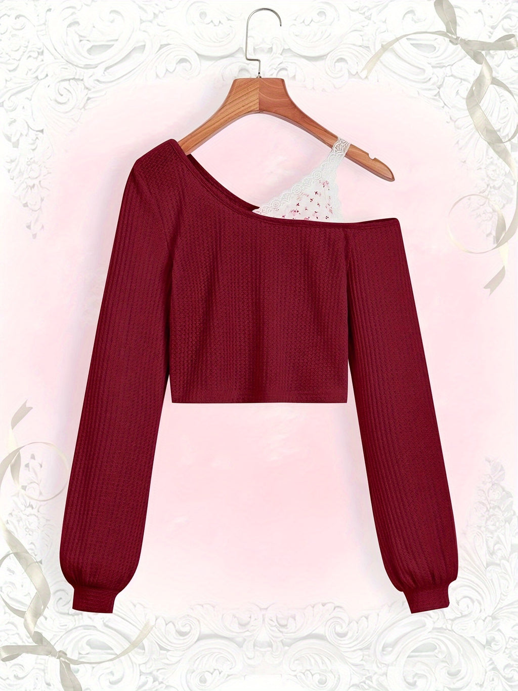 Spring and Autumn Lace Strapless Off-Shoulder Slant Collar T-shirt