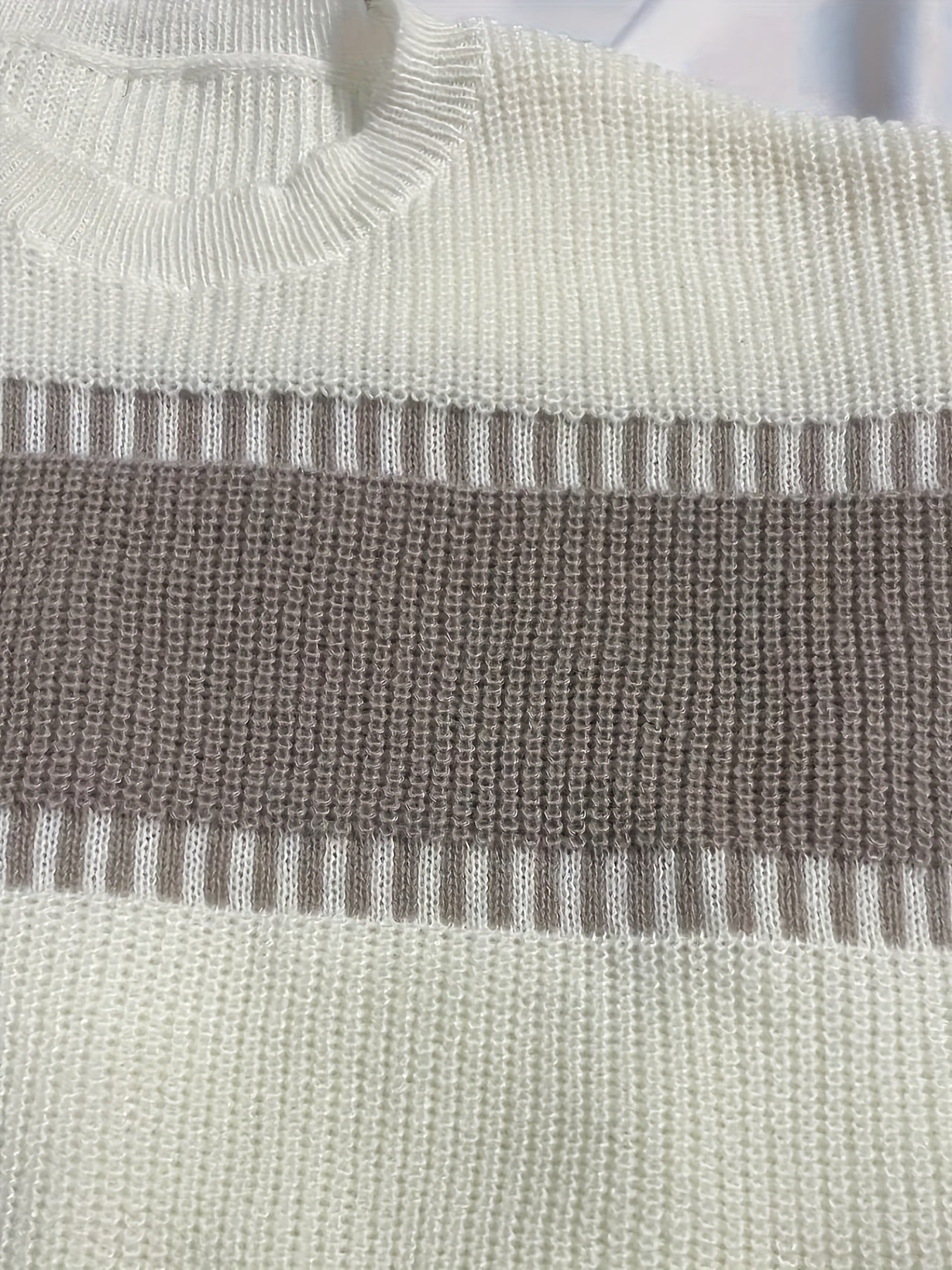 Women'S Sweater - Long Sleeve Round Neck Pullover Sweater with /Brown/ Horizontal Stripes, Drop Shoulder Design for Fall/Winter Layering