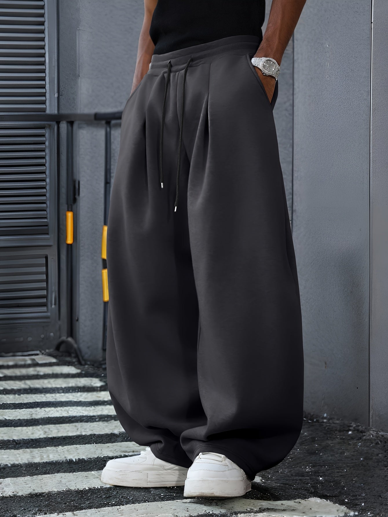 Casual Loose-Fit Grey Pants | Solid Color, Suitable for Daily Wear and Street Style, Regular Length, Slight Stretch Fabric