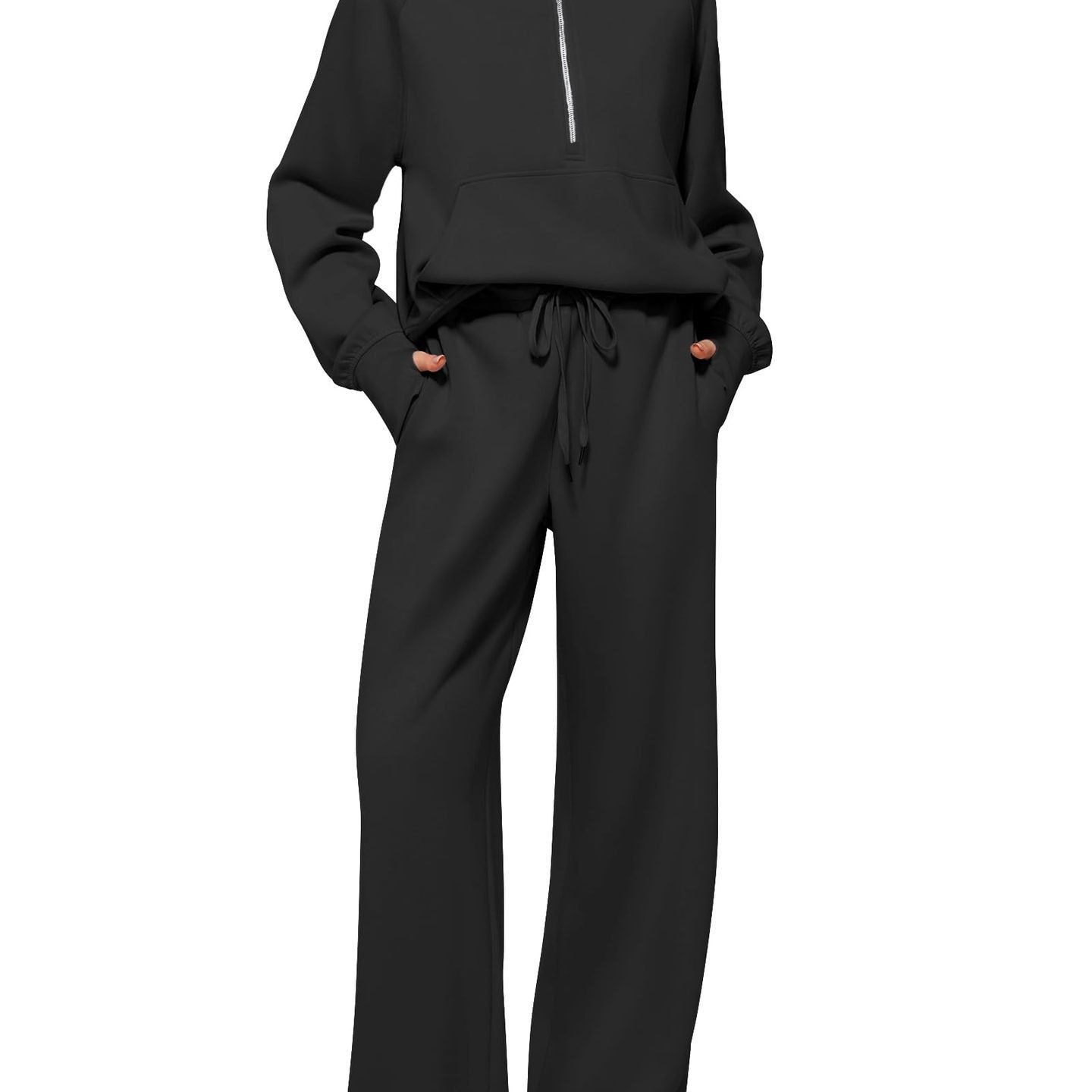 2pcss Women'S Oversized Half-Zip Sweatshirt and Wide Leg Sweatpants Set | Trendy 2pcss Matching Set, Chic Spring Sporty Outfits, Long Sleeve, Stand Collar, Pocket Details, Solid Color, Slight Stretch Fabric