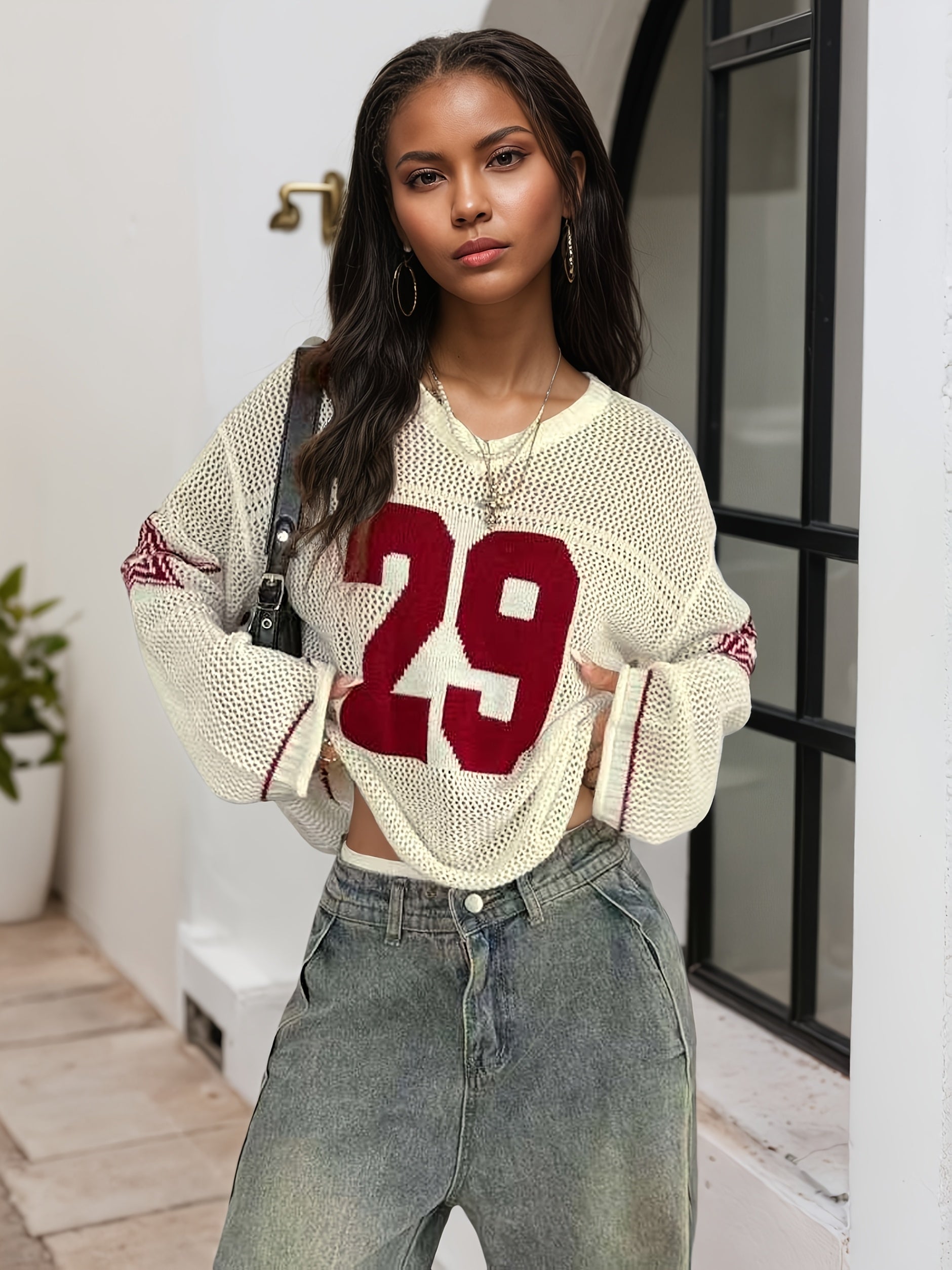 Women's Pullover V-neck Long-sleeve Shirt; 29 Letters