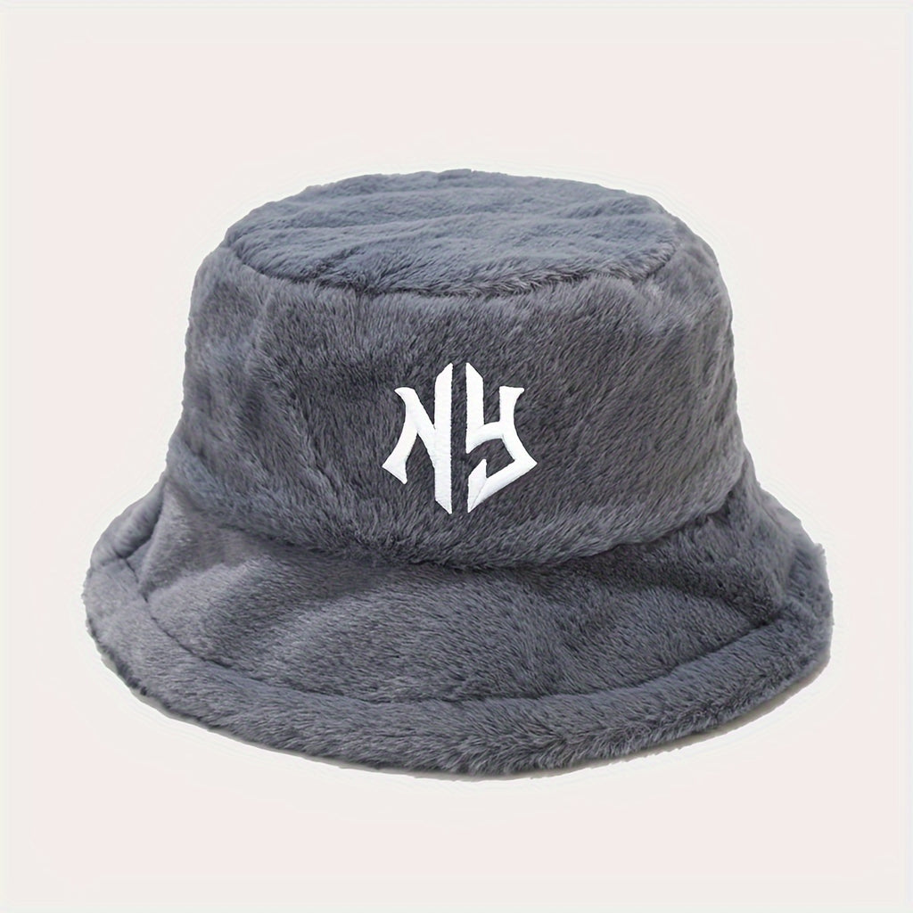 1pc Women's Embroidered Bucket Hat Unisex Warm Plush Sun Hat Men's Outdoor Fashion Trends Vacation Travel Foldable Fisherman Cap for Autumn Winter