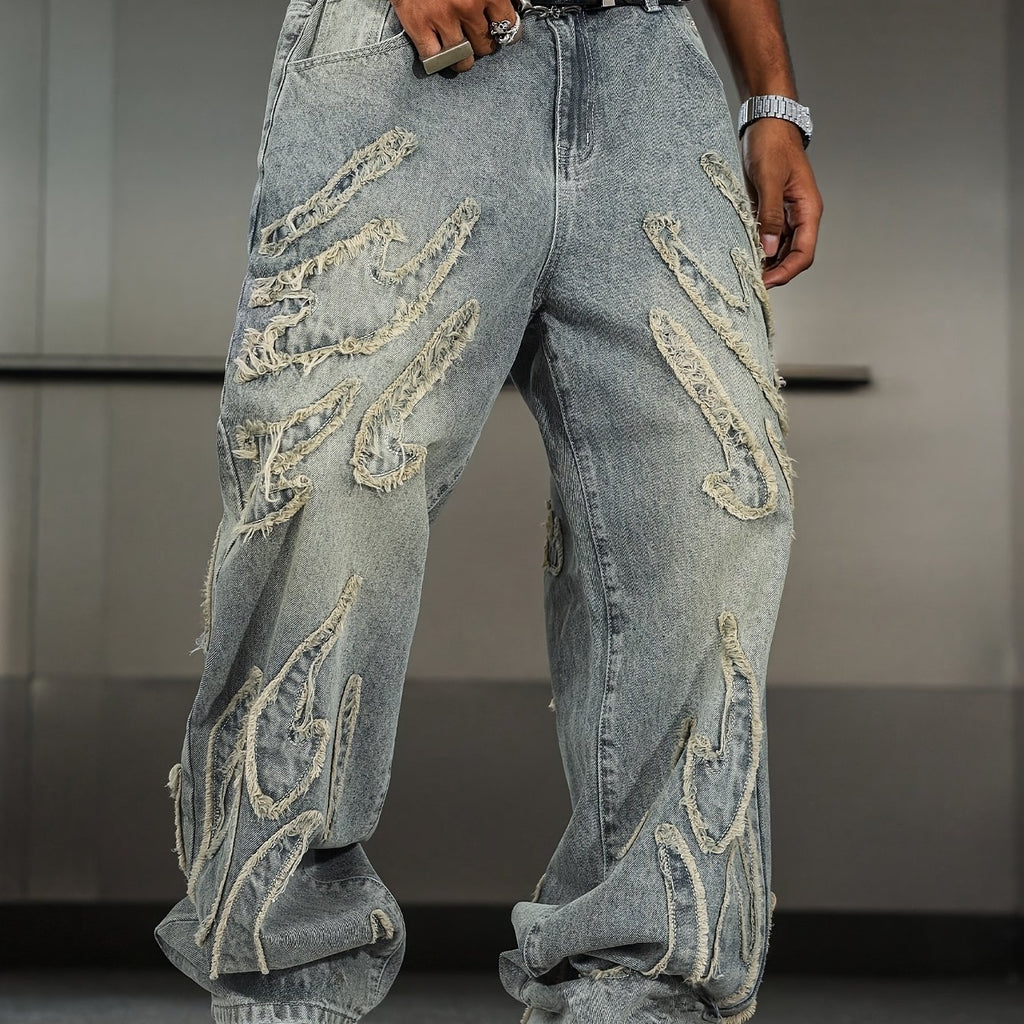 A Pair of Loose-Fitting Denim Pants with Retro Design And Patch Embroidery, Perfect for Street Fashion And Versatile Wide-Leg Style, Unisex (Belt/Accessories Not Included)