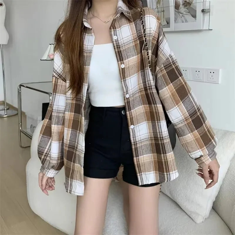 Plaid Shirt Women Fashion Autumn Long Sleeve Top Female Vintage Single Breasted Blouse Ladies Preppy Style Loose Check Shirts