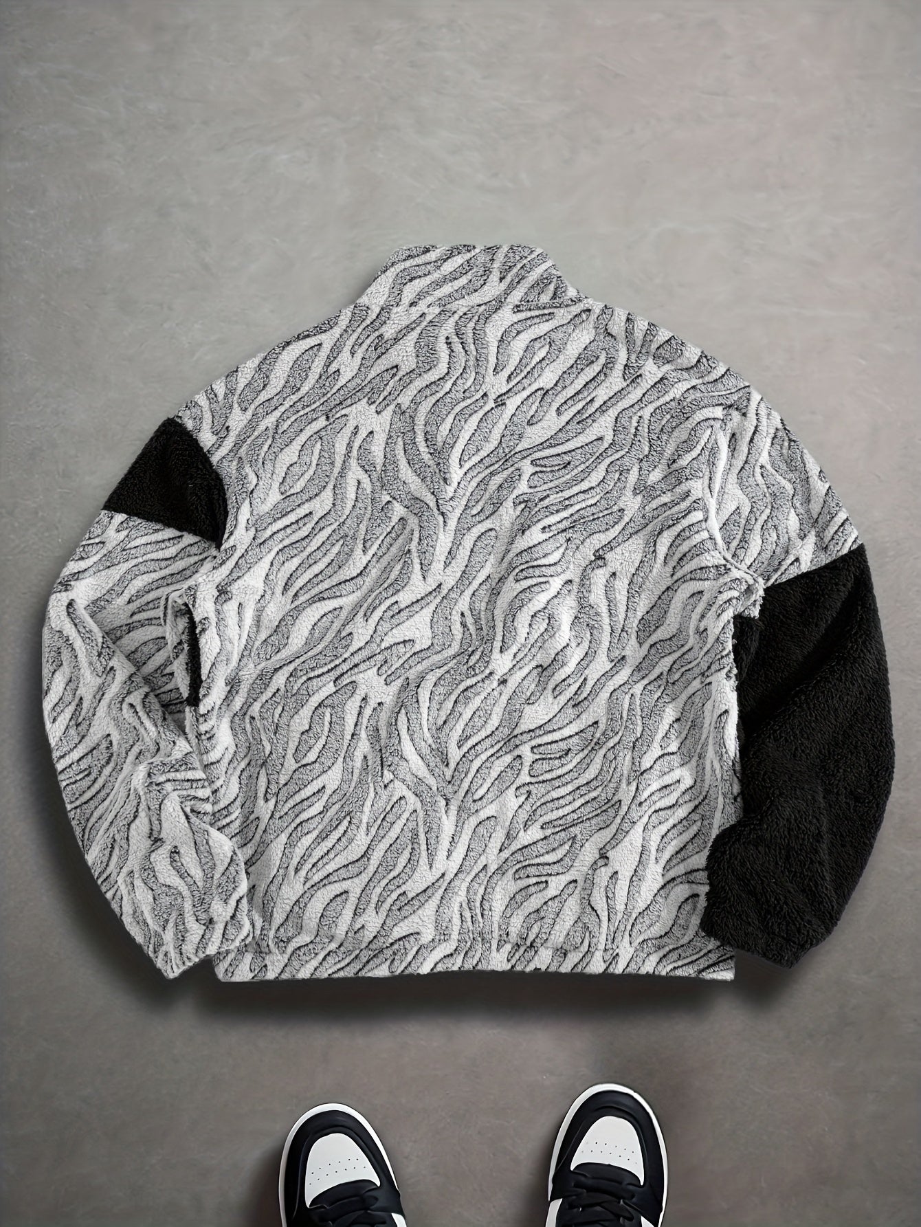 Christmas Gifts for Men Include a Trendy Black Plush Jacket with a Zip-Up Collar And Double Pockets, Featuring a Striking Zebra Pattern. The Fabric Is Thick, Warm, Soft, And Comfortable, Perfect for Everyday Outings, Commutin