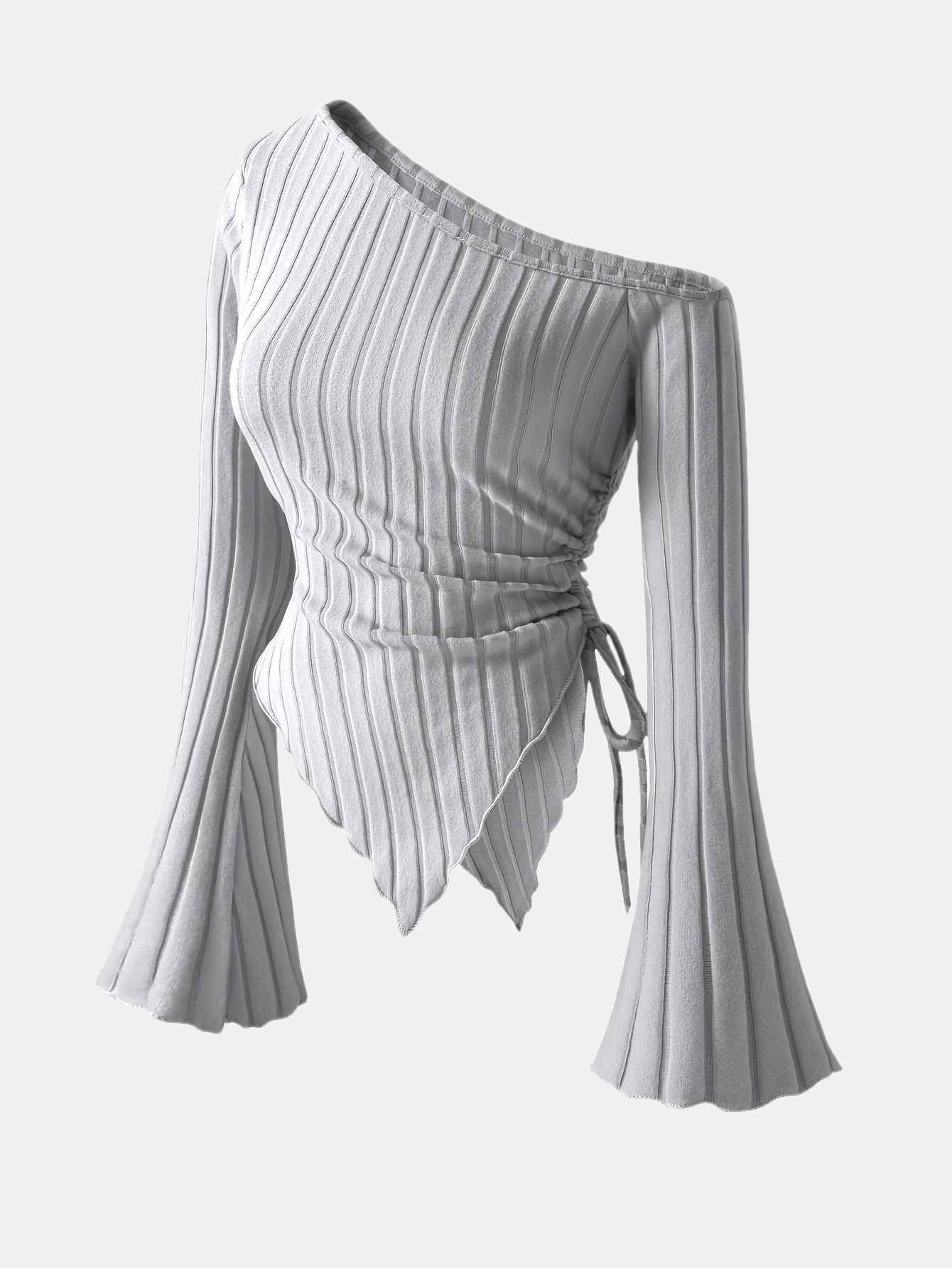 Women's Elegant Off-Shoulder Bell Sleeve T-Shirt - Asymmetrical Ribbed Top with Exposed Shoulder Design, Lightweight 3-Season Machine-Washable Solid Color Blouse for Casual & Formal Wear, Spring Summer Top, Bell Sleeve Design