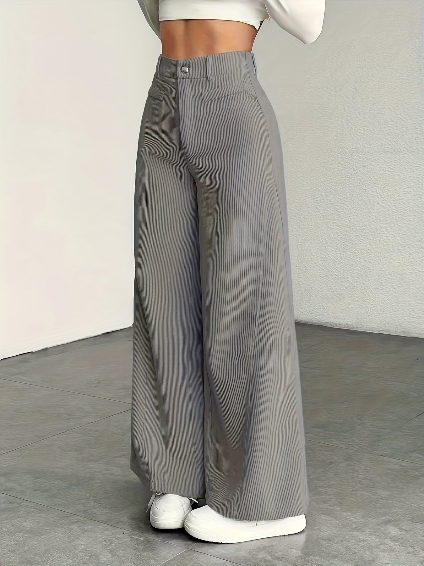 Women's High-Waisted Wide-Leg Pants - Corduroy Texture Casual Long Pants, All-Season Comfort, Machine Washable Beige Trousers