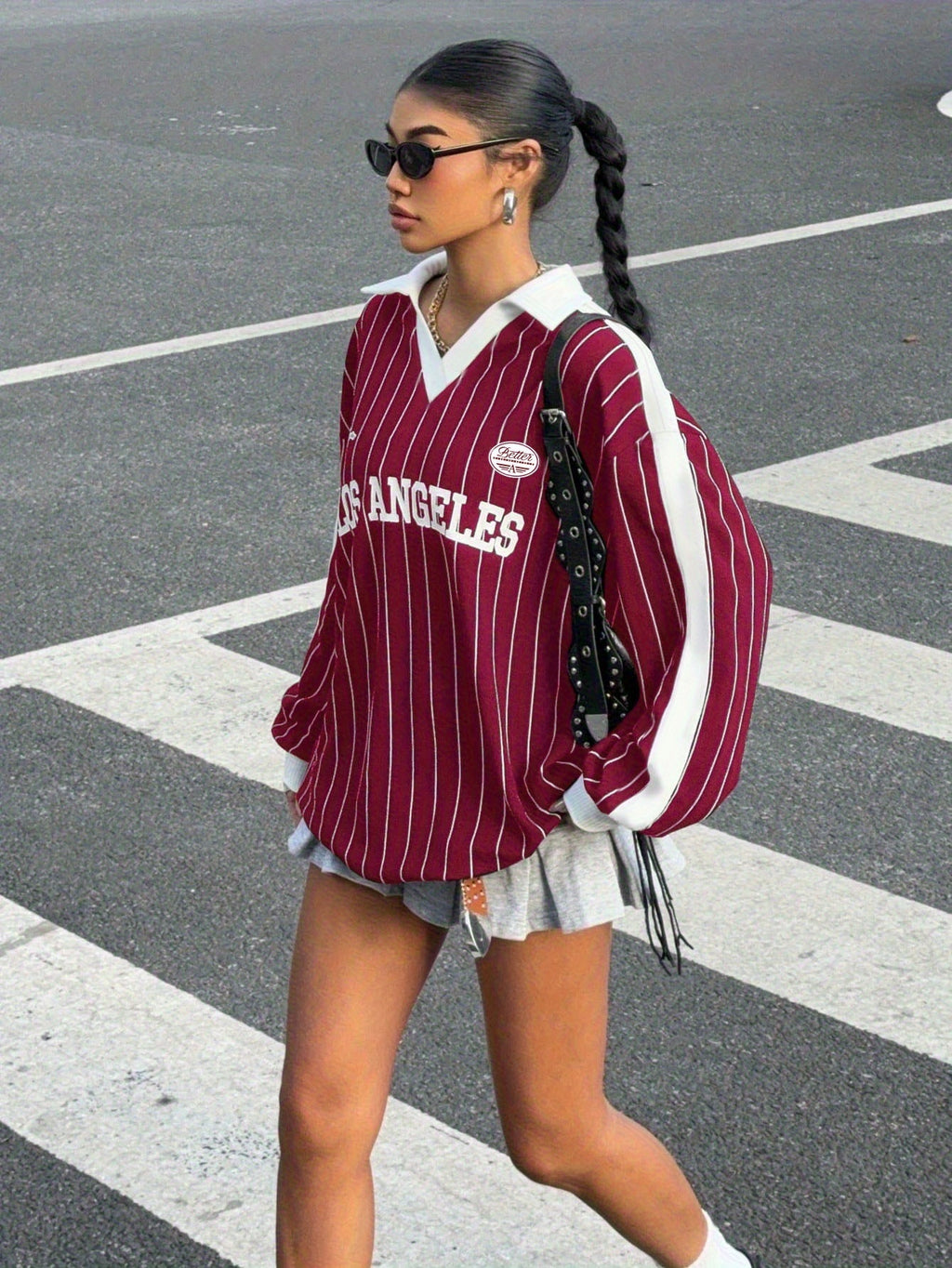 New Loose-Fitting Autumn And Winter Street Style Women'S American Striped Polo Shirt